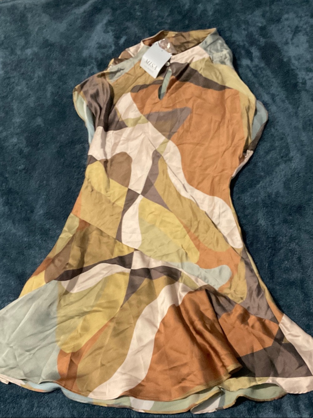 Misa Los Angeles Multicolor Abstract Mini Dress in Tan, Olive & Rust